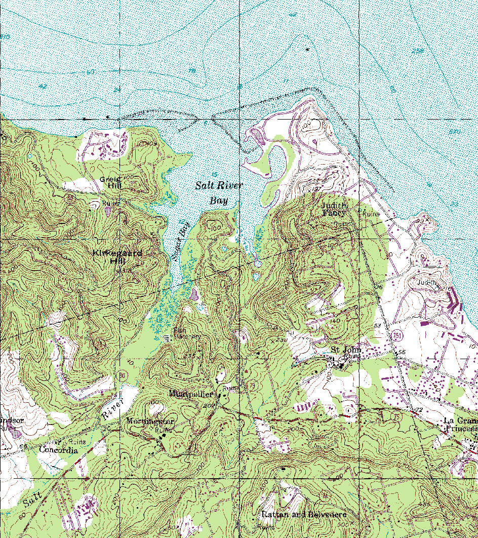 Fuld opløsning af 4*4.5 km kortudsnit med Salt River Bay. USGS topografisk kortblad i 1:24.000