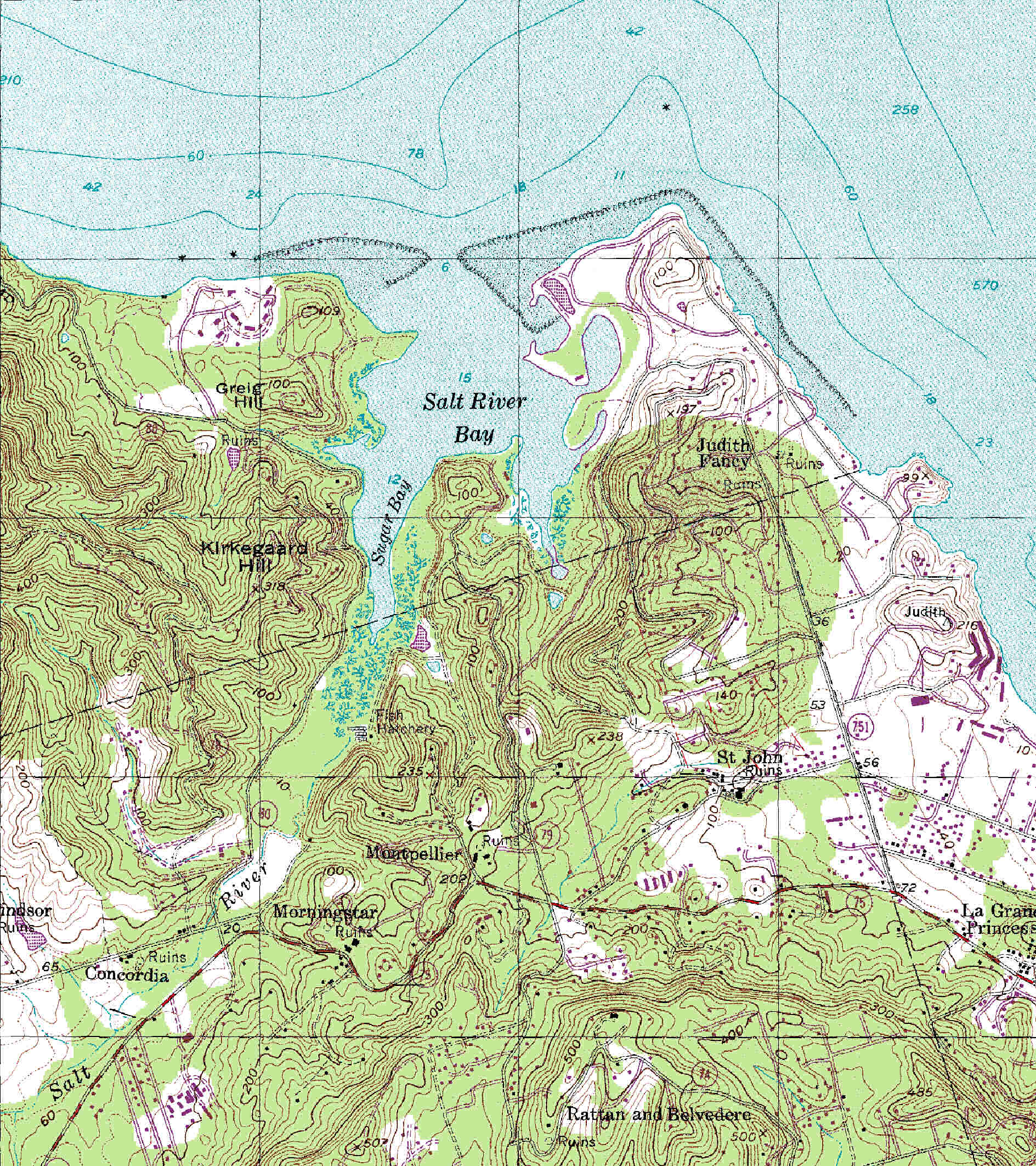 Topografisk kort i 1:24,000 over St. Croix, udsnit med Salt River Bay